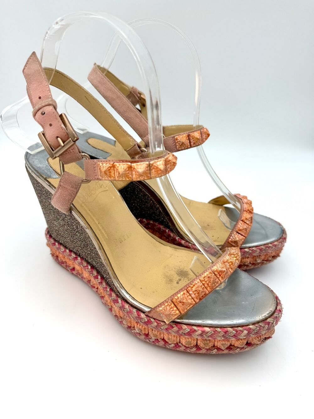 Christian Louboutin Pyradiam Wedge Sandal Pink Glitter Studded Size 38 / 8